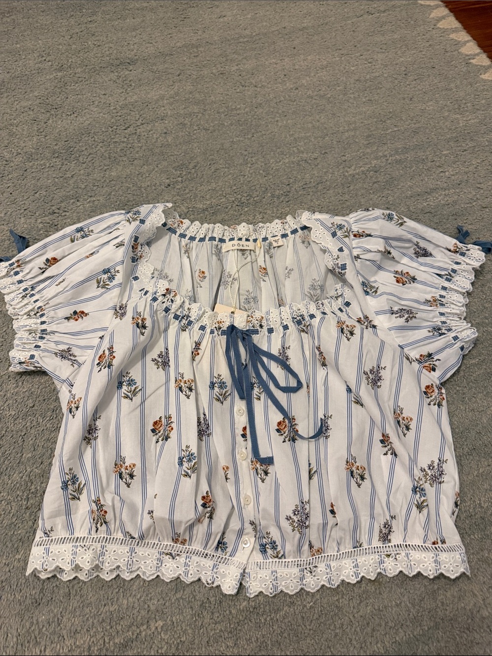 Doen Nera White Floral Peasant Blouse with Blue Stripes